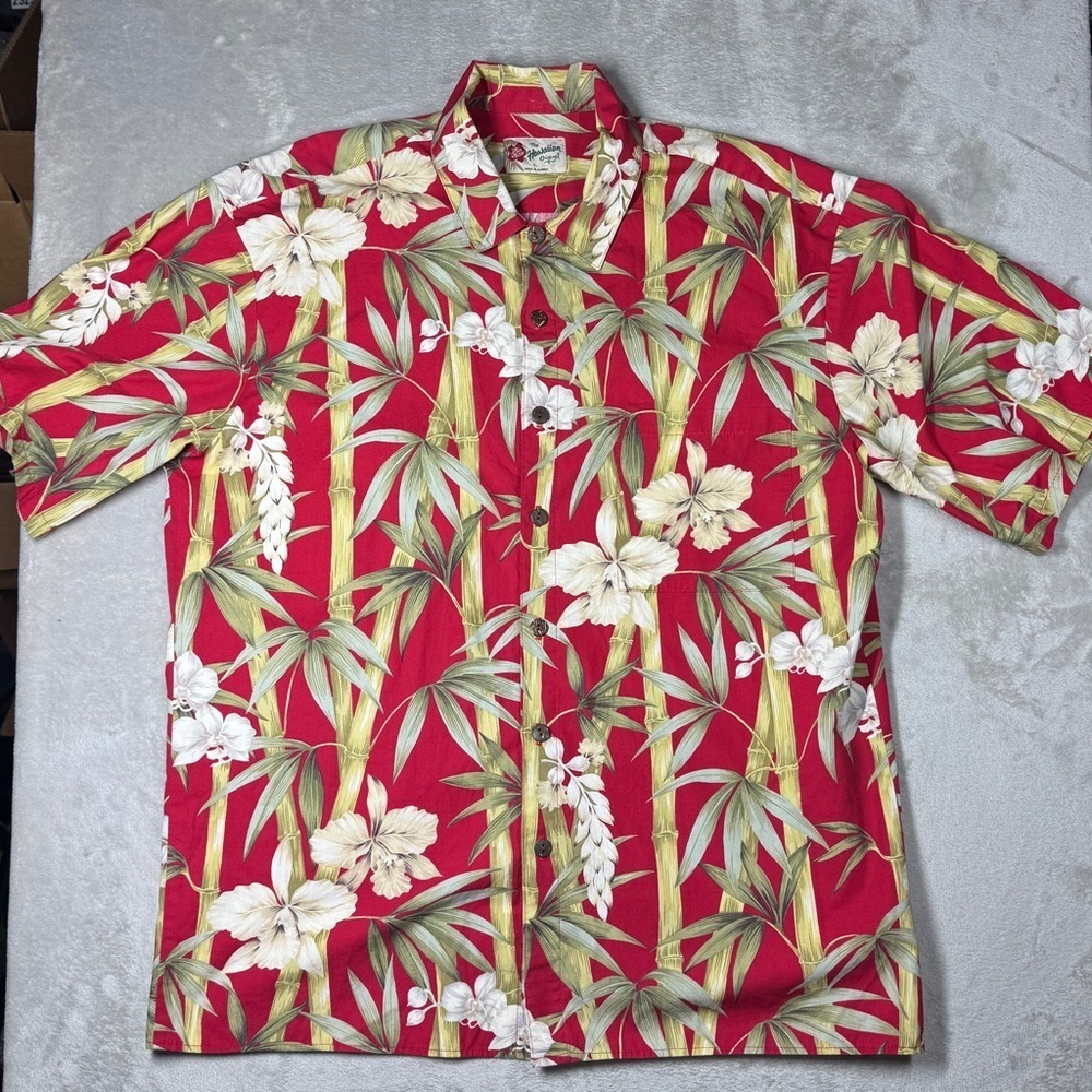 Hilo Hattie The Hawaiian Original Red Bamboo Tropical Floral Button Shirt XL